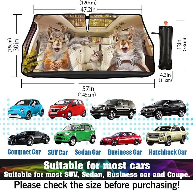 Funny Squirrel Car Windshield Sunshade Umbrella Car Foldable Umbrella Sunshade for Front Window UV Reflector Auto Windshield Umbrella Sun Shades Cover for Most Vehicles 57'' X 30'' - Image 3