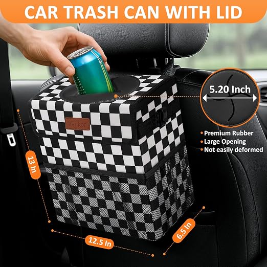 Vankor Car Trash Can with Lid Leak Proof Car Accessories for Women | 3 Gallon Cute Hanging Car Trash Bin for Men Car Truck Auto Interior Automotive Garbage Cans, Black White Checkered - Image 2