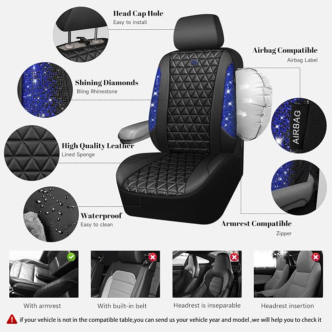 CAR PASS Bling Diamond Black Leather Car Seat Covers Full Set Interior Sets, Waterproof Shining Glitter Sparkly Crystal Universal Armrest Fit Automotive Truck SUV Cute Women Girl, Blue Rhinestone - Image 3