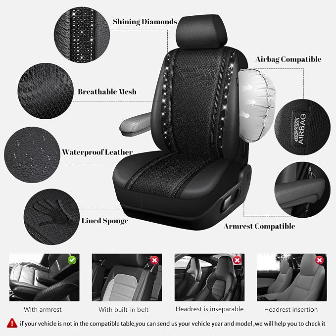 CAR PASS Memory Foam 3D Mesh Bling Diamond Car Seat Cover Full Set Breathable Soft Sponge Universal Shining Glitter Sparkly Crystal Armrest Fit Automotive Truck SUV Cute Women Girl, Black Rhinestone - Image 3