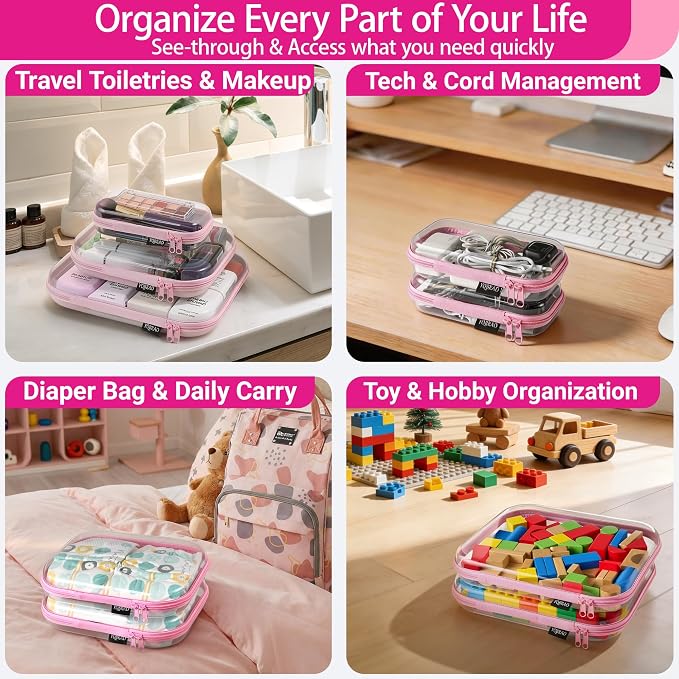 YQBRAO Clear Hard Shell Zipper Cases, 6 Multi-Size Organizers, Pink | Rigid clear shells in three practical sizes organize toiletries, cosmetics, cables, stationery and household essentials - Image 3