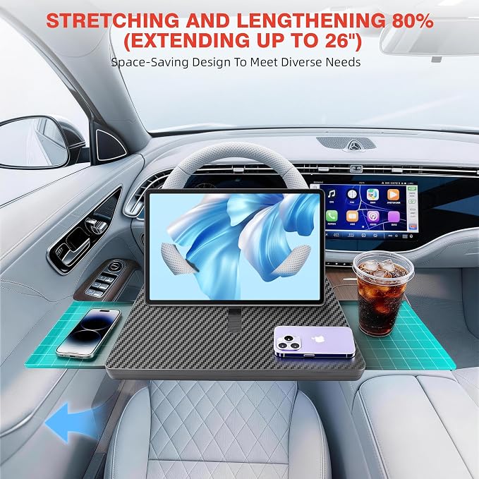 Large Steering Wheel Tray Table, Car Desk For Laptop, Car Trays For Eating And Working, Steering Wheel Table For Most Cars, Adjustable Car Food Tray With Dual Slide-Out Trays (Carbon Fiber Look) - Image 2