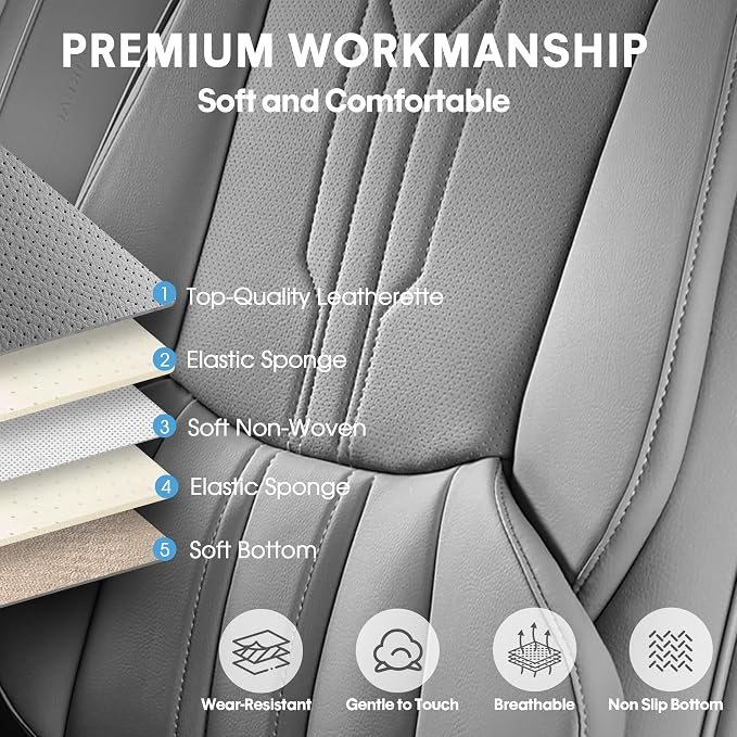 Car Seat Covers Custom Fit for Ford F150 2009-2026, Faux Leather Seat Cover Set for 2017-2026 F250 F350 F450, Compatible with Regular Cab Super Cab Super Crew Pickup Truck Cushions (Grey, Full Set) - Image 6