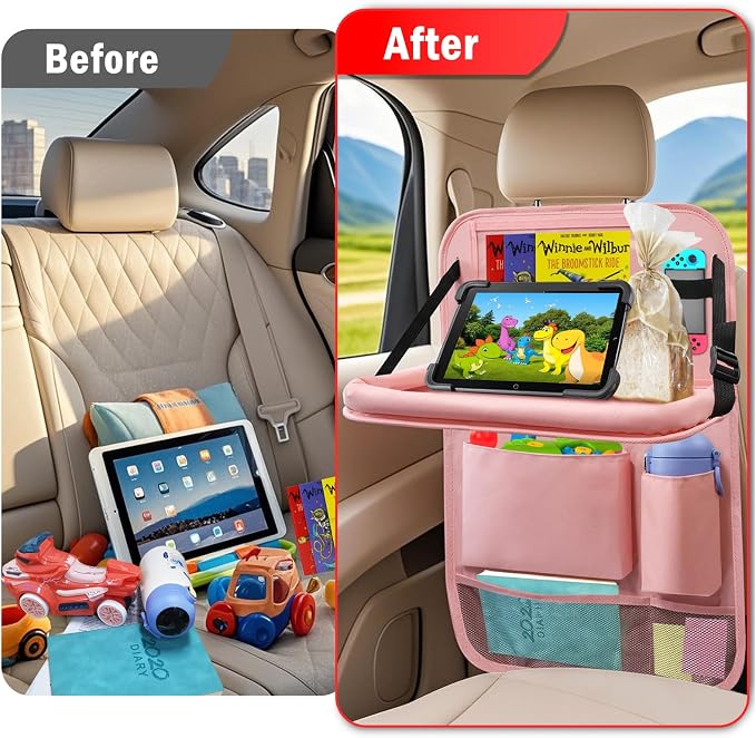 2Pack Car Backseat Organizer with Foldable Table Tray,6 Storage Pockets Car Storage Organizer with Tablet Holder,Car Seat Back Protectors Kick Mats Travel Accessories (Pink) - Image 6