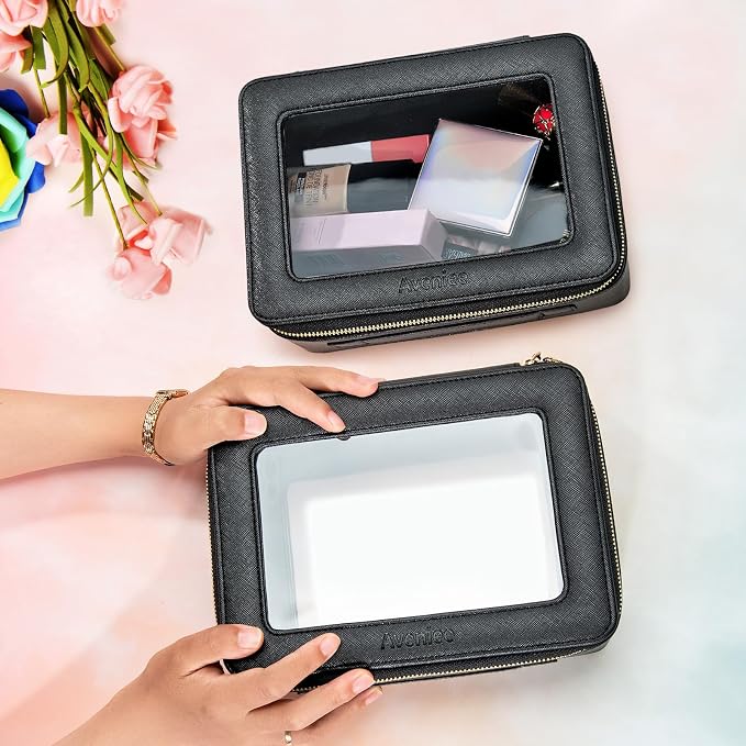 Aveniee Clear Makeup Bag Set,Portable Travel Toiletry Bag Cosmetic Case for Women,Vegan Leather Make Up Pouch Organizer Car Bag for Essentials 2pcs,Middle & Large,Black - Image 4