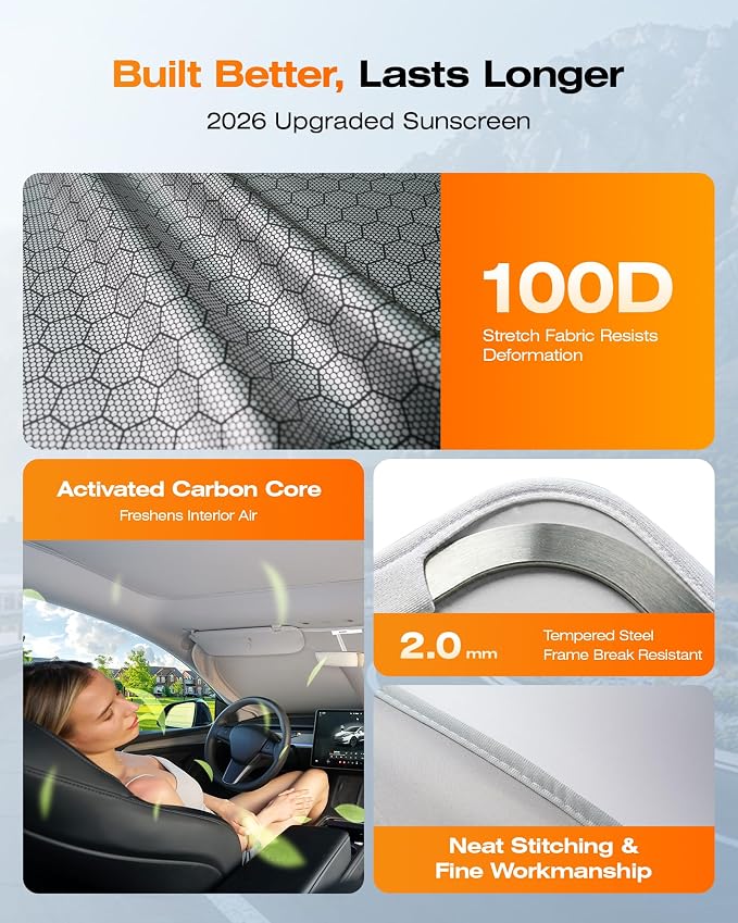 Windshield Sun Shade for Tesla Model 3/Y 2014-2026, Foldable, Car Accessory | Graphene Activated Carbon, Odor-Absorbing, UV and Heat Blocking, Storage Bag Included, Helps Keep the Parked Interior Cooler - Image 7