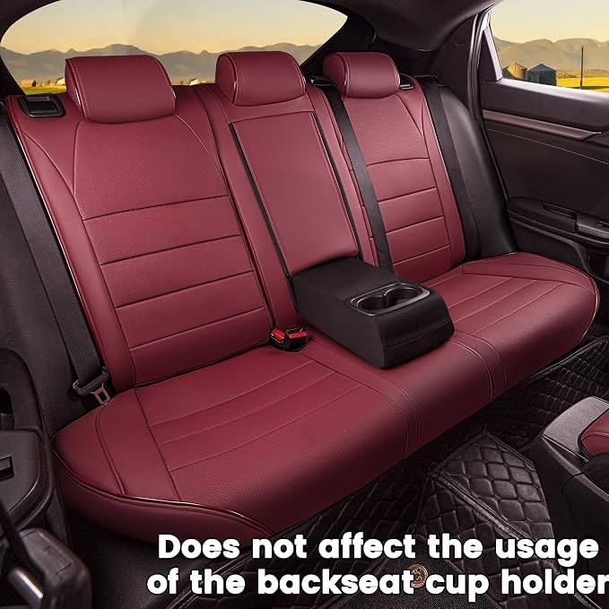 HKZ Custom Fit Civic Seat Covers for Honda Civic Sedan 2016 2017 2018 2019 2020 2021 LX (Not for LX-P)- 5-Seats Leather Full Set,Wine Red - Image 4