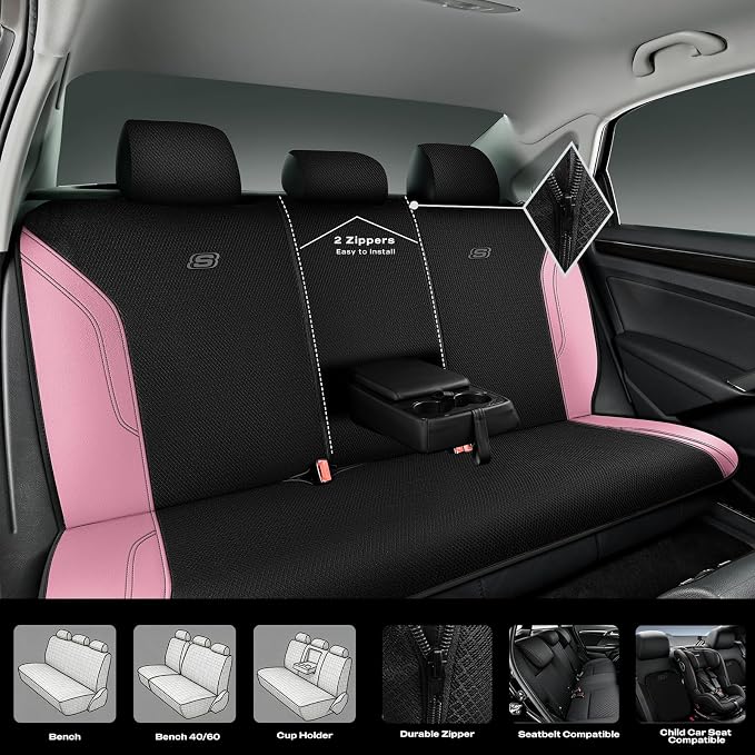 Skechers Work Seat Covers, Leather Car Seat Covers 5-Times Stronger Built-in Webbing, Oxford Fabric Seat Cover Full Sets, Airbag Compatible, Automotive Comfort for Cars, Trucks, SUVs,Pink - Image 6