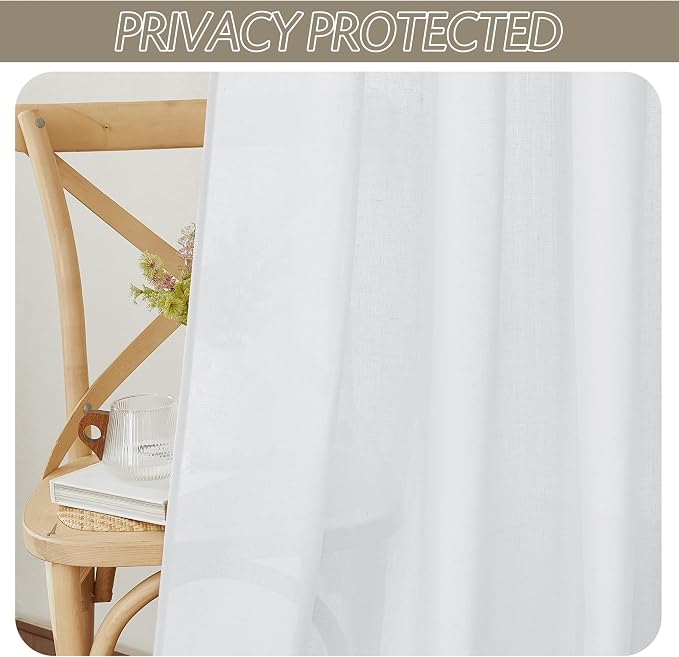 RYB HOME Linen Sheer Curtains 2 Panels for Living Room, Semi Transparent Privacy Drapes with Rod Pocket Farmhouse Style Window Treatments for Bedroom, White, 70" W x 95" L - Image 3