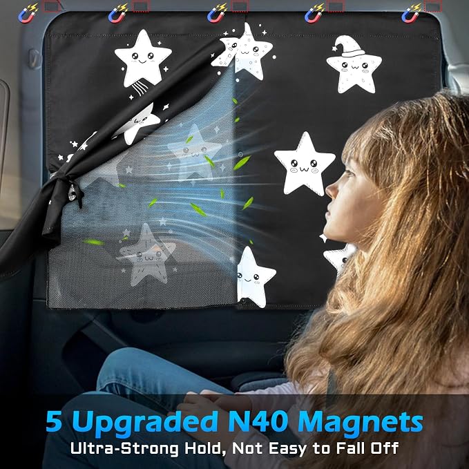Car Window Shades, 2 Packs Magnetic car Sun Shade for Baby, Double Layers Magnetic Stars Pattern Design for Full Covers/Half Shade Options, Window Curtains for Heat/UV Protection Sun Block Covers - Image 2