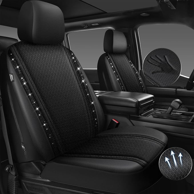 CAR PASS Memory Foam 3D Mesh Bling Diamond Car Seat Cover Full Set Breathable Soft Sponge Universal Shining Glitter Sparkly Crystal Armrest Fit Automotive Truck SUV Cute Women Girl, Black Rhinestone - Image 2