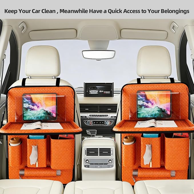 Car Back Seat Organizer, Black Woven Leather Storage Bag, Multifunctional Rear Seat Protector with Tablet Holder, 25.2x17.7 Inches, Abrasion Resistant, Orange - Image 7