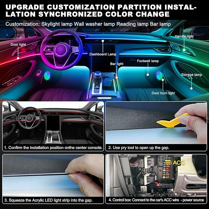 Dreamcolor Acrylic Interior Car LED Strip Light with Wireless APP, Dual Zone RGB 22 in 1 with 175 inches 600 LEDs Fiber Optic Ambient Lighting Kits, Music Sync Neon LED Strip for Car Accessories - Image 6