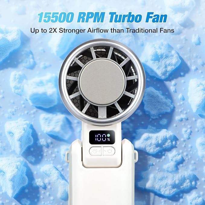 Portable Ice Cooling Handheld Turbo Fan, 100 Speeds, 4000mAh, Speed Display | 15,500 RPM brushless motor, USB-C charging, digital display, foldable desk mode and wearable neck use with included lanyard. - Image 2