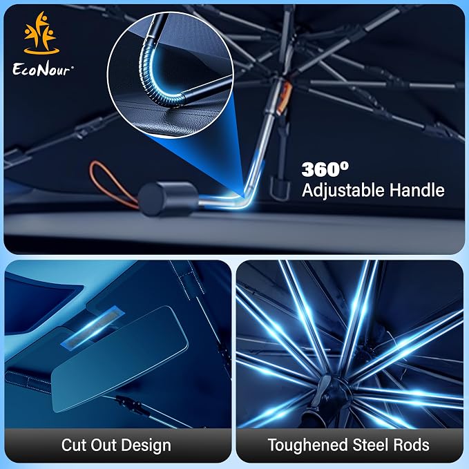 EcoNour Car Windshield Sunshade Umbrella | Foldable Windshield Sun Shade Cover | Front Car Window Shade for Maximum UV Rays & Heat Protection | 240T Polyester Umbrella Sunshade - Image 4