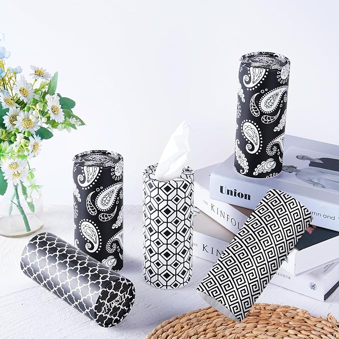 Geometric Car Tissues Cylinder, 8 Pack Black and White Round Tissue Box for Car Cup Holder, 2 Ply 50 Count Facial Tissues Tube for Console Travel, Modern Pattern Car Accessories - Image 6