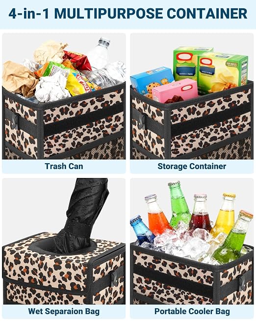 Capolo Car Trash Can with Lid, Leakproof Car Garbage Can Car Trash Bag | Waterproof, Trash Can for Car, 3 Mesh Pockets, Mini Hanging Vehicle Car Trash Bin, for Back/Front Seat (Leopard,2.5 Gal) - Image 5