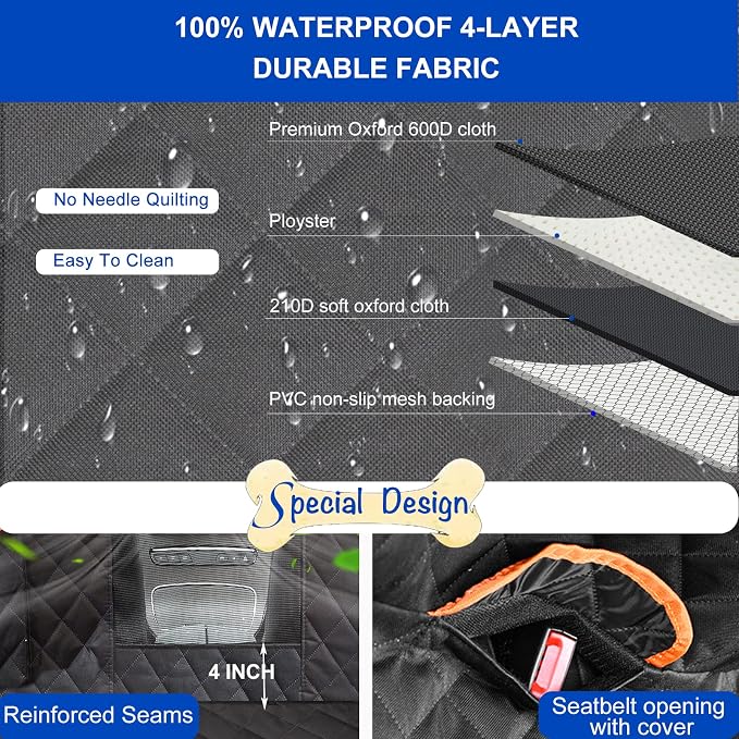 Dog Car Seat Cover for Back Seat 600D Scratchproof Nonslip Durable Waterproof Cars Pet Backseat Covers with Mesh Window Dogs Hammock for Car，SUV, Truck (60" W x 64" L) - Image 3