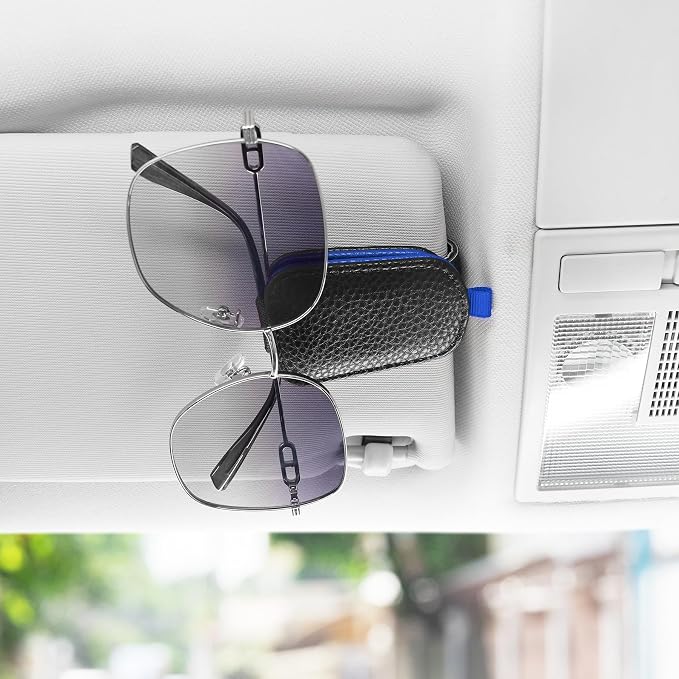 SINGARO Sunglasses Holder for Car, Leather Magnetic Buckle Sun Visor Sunglass Clip, Ticket Card Storage Glasses Clip, Car Interior Accessories for Men and Women（Black-Blue） - Image 3