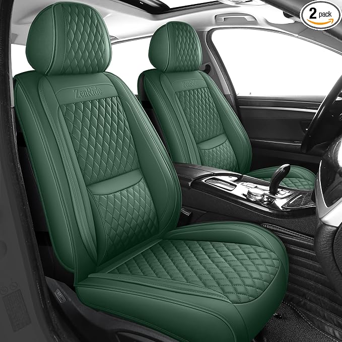 Green Thick Nappa Leather Automotive Front Car Seat Covers Set of 2 | Univerasal Fit,Lumbar Support,3D Contoured,Semi Coverage,Waterproof,ThickTexture,for most Suvs Trucks Sedans by ZenRideCarCare