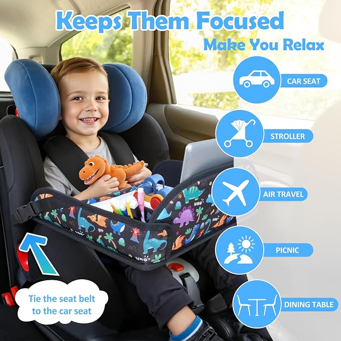 Kids Travel Tray for Carseat, Carseat Tray Dinosaur & Mermaid 2PCS | With 16.7" x 13.4" Smooth Dry Erase Board, Cup holders, Ddjustable Strap & Shoulder Carry Strap - Image 4