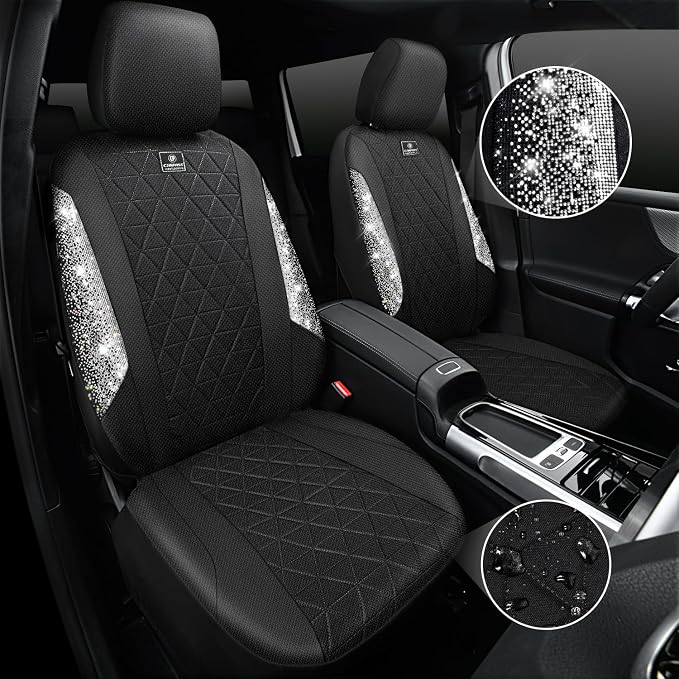 CAR PASS Oxford Bling Diamond Car Seat Covers 2 Front Interior Sets, Waterproof Shining Glitter Sparkly Crystal Universal Armrest Fit 95% Automotive Truck SUV Cute Women Girl, Black Silver Rhinestone - Image 8