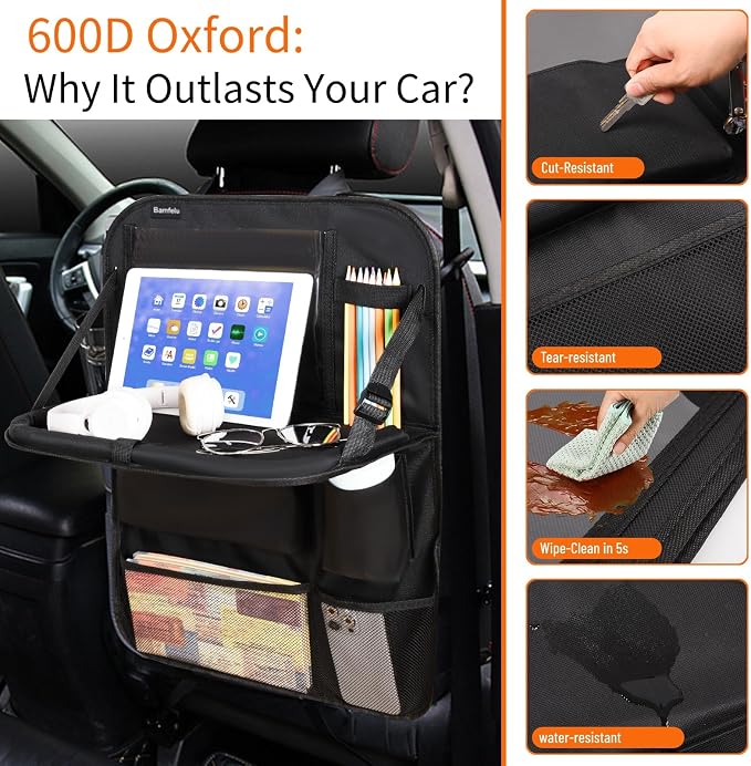 2 Pack Car Backseat Organizer with Foldable Table Tray, 16 Storage Zones Kick Mats Protector Tablet Holder for Family Travel (Black) - Image 4