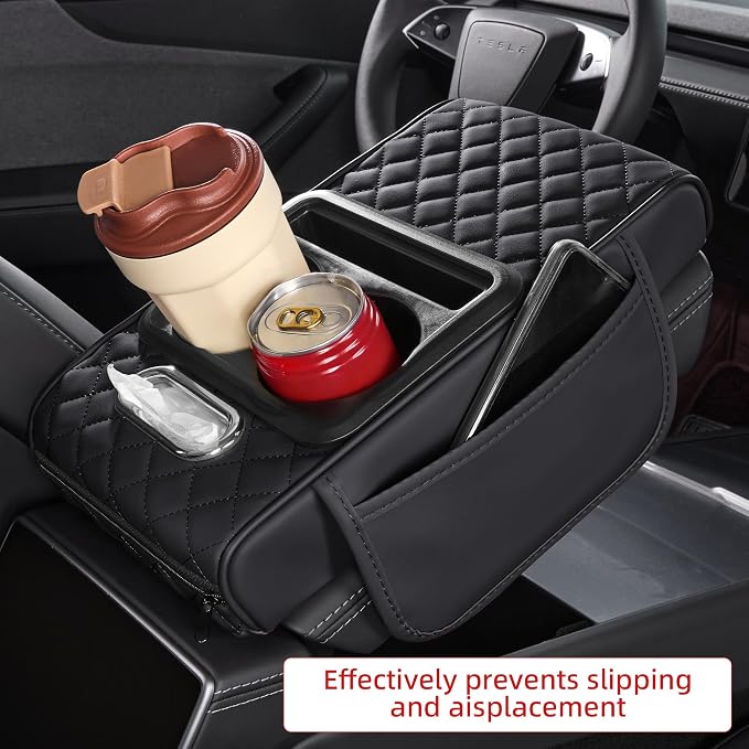 5 in 1 Nappa Leather Console Armrest Cover, Black | Built-in cup holder, tissue slot, phone holder & 2 storage pockets, practical car accessories fit SUV sedan truck - Image 3