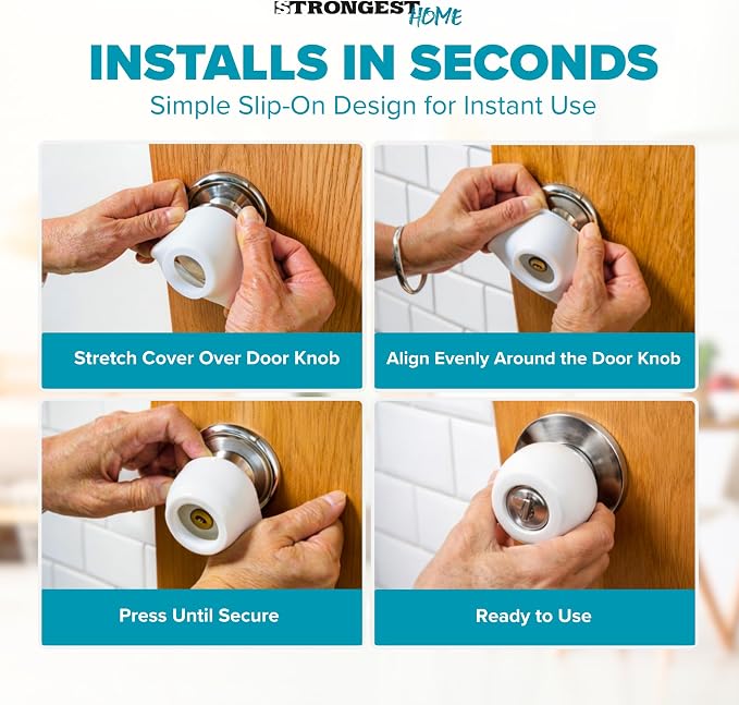 STRONGEST HOME White Silicone Door Knob Cover & Wall Protector – Soft Rubber Handle Grip for Arthritis Support and Quiet Damage Prevention (4 Pack) - Image 7