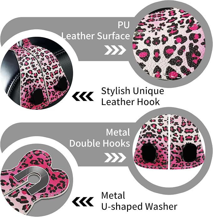XIANGYUAN 2PCS PU Leather Car Seat Back Storage Headrest Hook,Purse Holder Bags Hanger,Women Car Accessories Organization(Pink leopard print) - Image 2