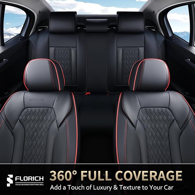Seat Covers, Car Seat Covers Full Set, Luxury Nappa Leather Seat Covers, Breathable and Waterproof Car Seat Protector 5 Seat, Automotive Seat Covers Universal Fit for Most Cars-BlackRedline - Image 4