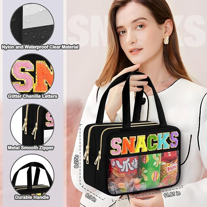 Clear Snack Bag, Zipper Travel Organizer Pouch Chenille Letter | Extra Large Capacity, Waterproof Easy Clean, 2 Separate Compartments, Ideal for Beach Gym Picnic, Office and Daily Carry - Image 5