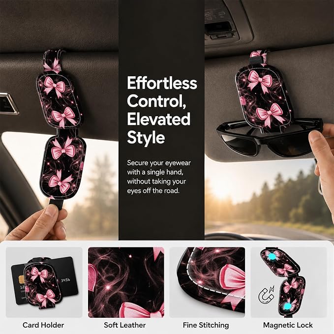 Sunglasses Holder for Car Visor, PU Leather Glasses Clip Organizer, Cute Magnetic Eyeglass Holder for Vehicle Sun Visor, Car Interior Accessory for Women & Men, Pink Ribbon - Image 5