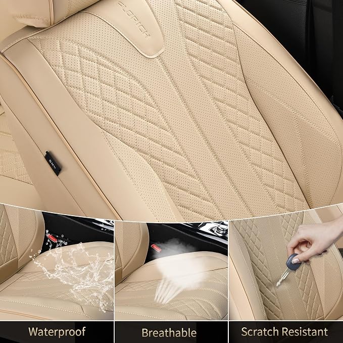 FLORICH Front Seat Covers, Leather Car Seat Covers Luxury Automotive Seat Covers Waterproof Car Seat Protectors Universal Fit for Most Cars SUV Trucks Vehicles, Beige - Image 7