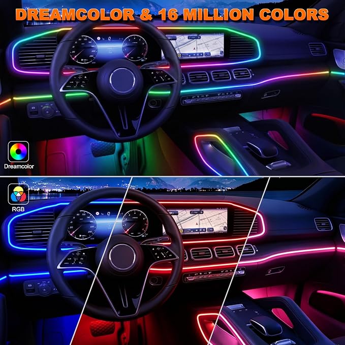 Jushope Interior Car LED Strip Lights, USB Car Ambient Lighting (10 in 1) | Dynamic Dream-color Chasing Wireless APP Control Music Sync Flexible Acrylic LED Lights for Car - Image 2