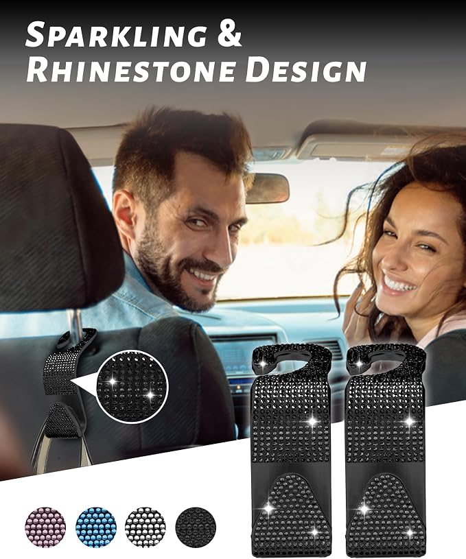 Sparkling Car Seat Hooks, 4 Pack, Black Purse Holder for Car Headrest, Chic Automotive Accessories for Women Essentials Handbag Clothes Coats Grocery Bags - Image 3