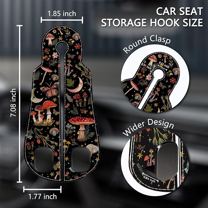 Blusabaca 2PCS Car Seat Headrest Hooks, Purses Bags Holder, Cute Mushroom | PU Leather, Double Metal Back Storage Hangers for Grocery Bags Handbags Bottles Coats Phones, Car Accessories Organization - Image 5