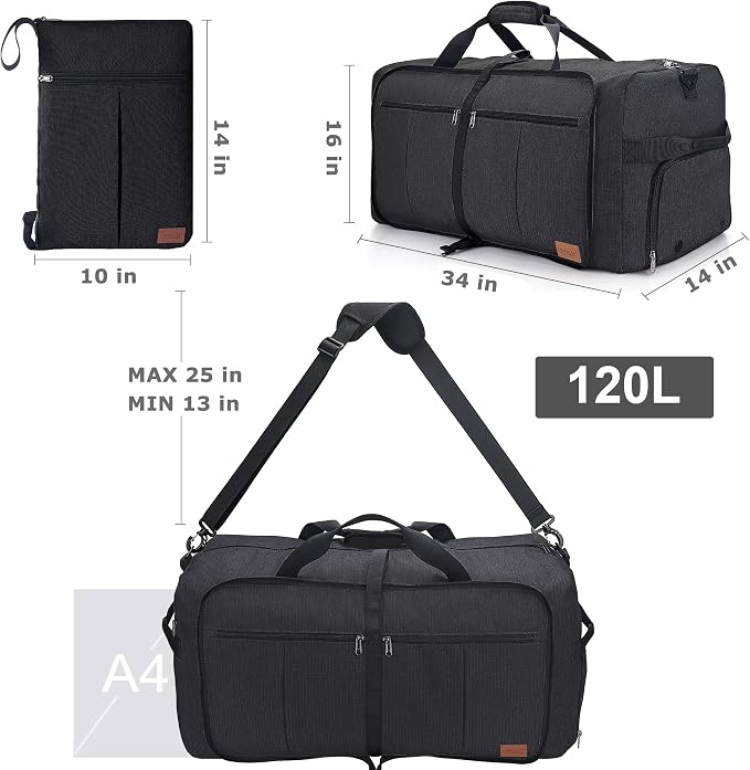 120L Foldable Collapsible Waterproof Travel Duffel Bag for Men and Women | with Shoe Compartment, Black, 34" Duffle for Weekender Gym Sport, Tear Resistant - Image 8