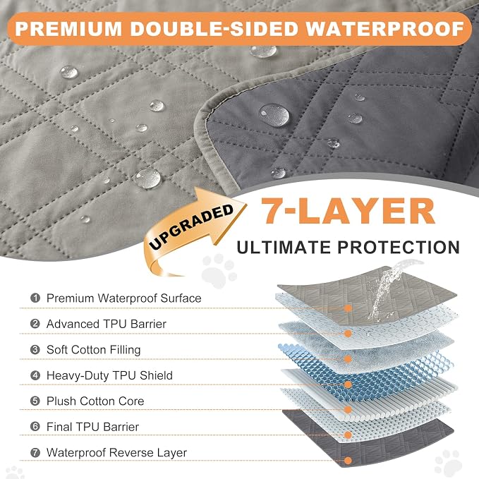 100% Waterproof Washable Dog Blanket, Light Gray+Gray, 42"x50" | ,7-Layer Reversible Couch Covers for Dogs Met for Sofa Furniture Car Camping - Image 2