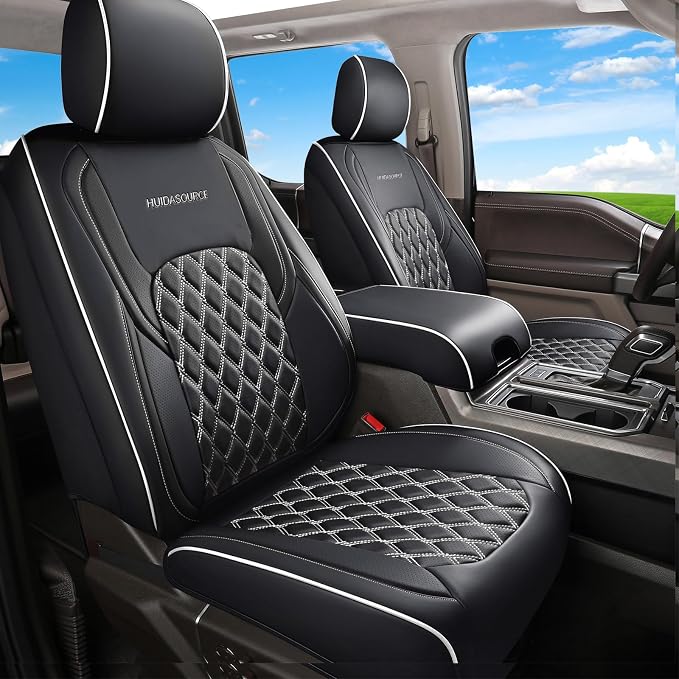 Huidasource Car Seat Covers Fit for Truck Chevy Chevrolet Silverado GMC Sierra 1500 2007-2026, 2500HD 3500HD 2015-2026 Crew Double Extended Cab, Leather Seat Accessories (Front Pair/Black&White) by Huidasource