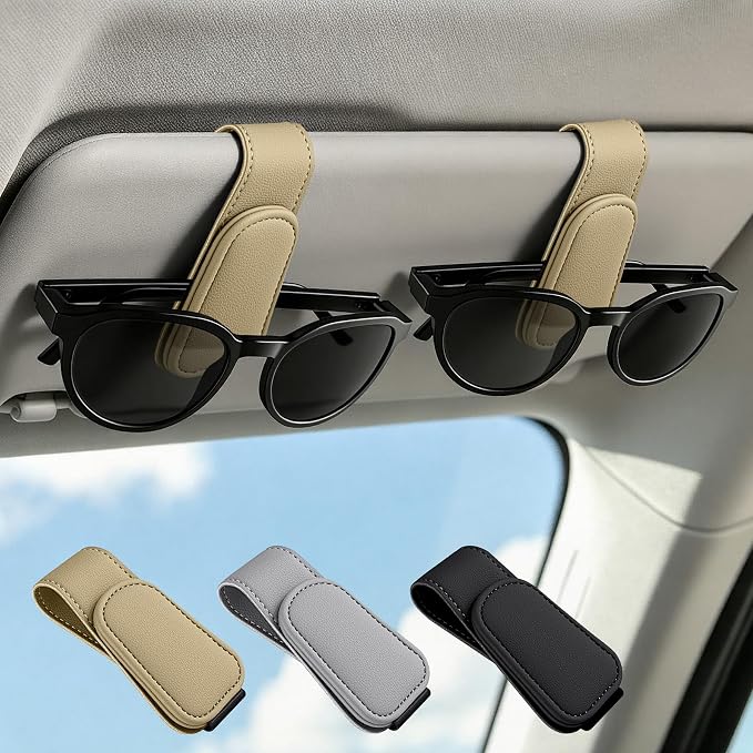 Sunglass Holder for Car Visor Magnetic Leather Visor Sunglasses Clip Eyeglass Hanger Clip for Car Sun Visor Beige 1 Pack by Zecirl