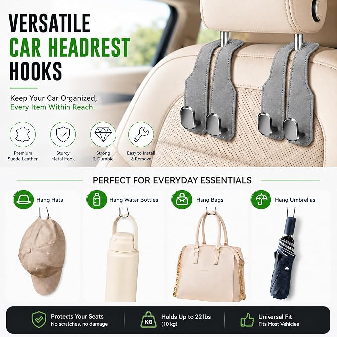 2 Pack Car Headrest Hooks, Dual Metal Hooks, Stylish Gray | Premium leather with dual metal hooks and anti-drop design. Holds purses, bags, coats, and groceries securely. - Image 6