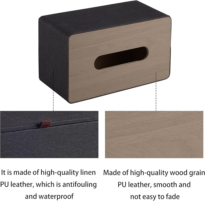 High-end Pu Leather Tissue Box Holder Two Color Combination-Linen and Wood Grain,Rounded Rectangle Napkin Paper Case Dispenser for Home Bathroom Dresser Offices Car Tissue Cover (Black) - Image 4