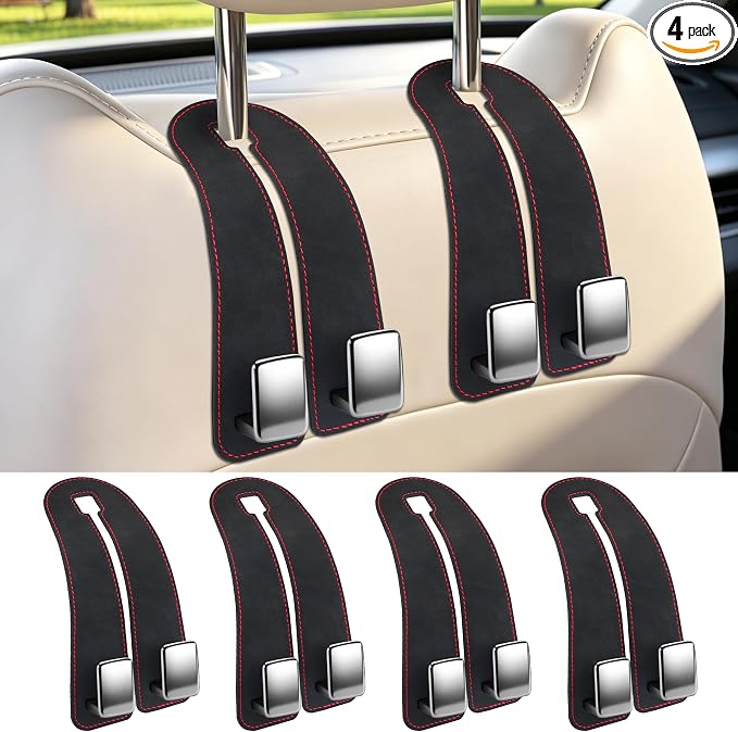 Amooca Car Headrest Hooks 4-Pack Suede Seat Organizer with Metal Core | Universal Fit, Double-hook Design, Backseat Storage for Backpack Umbrella Water Bottle Coat Purses Handbags Groceries, Black by Amooca