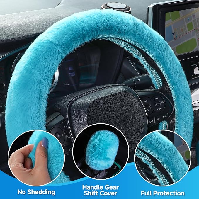 SEG Direct Fluffy Furry Steering Wheel Cover, Fuzzy Gear Shift Cover, Cyan | Gear Shift Cover, 2 PCS Set, Soft and Warm, Cute Fur Auto Car Decor, Standard Size 14.5- 15 inch for Women Men - Image 4
