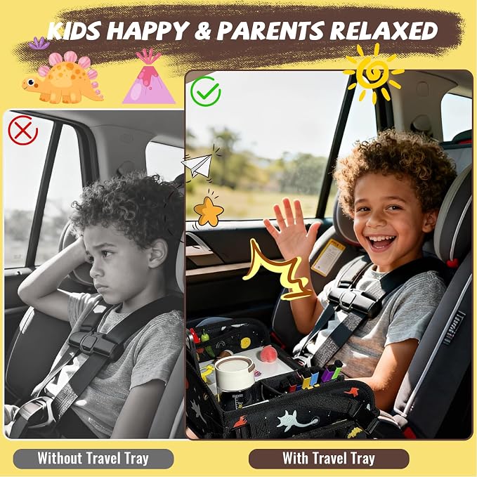 Kids Travel Tray for Car Seat, Toddler Car Seat Activity Tray, Kids Carseat Lap Table, Road Trip Essentials for Airplane, Lap Desk for Kid Roadtrip Activities, Cosmic Dino - Image 2