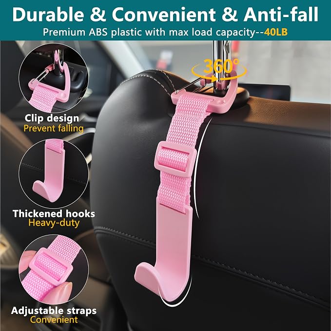 Amooca 4 Pack Anti-drop Headrest Hooks Adjustable Car Seat Organizer | Universal Fit with Clip, Hanger for Backpack Umbrella Water Bottle Coat Purses Handbags Groceries, 40lb Heavy Duty, Pink - Image 6
