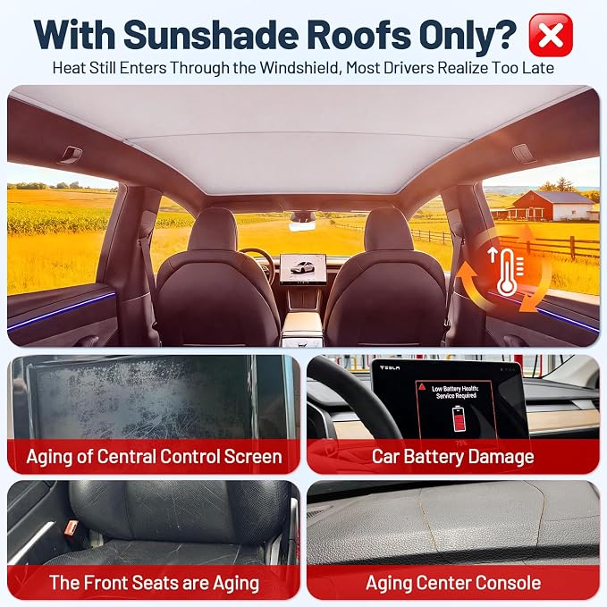 3PCS Tesla Model Y Sunshade Set for Juniper 2025-2026 | Windshield Sun Shade & Sunshade Roof, Glass Sunroof Cover [No Gaps No Sagging] Front Window Shades Protect Interior Dashboard - Image 2