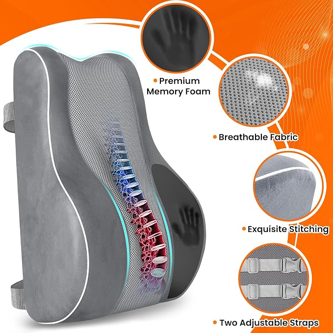 CloudBliss Lumbar Support Pillow, Memory Foam for Office, Light Gray | Ergonomic High-Density Memory Foam, Adjustable Straps, Washable Mesh Cover, Lower Back Support for Office, Gaming & Car Seat - Image 4