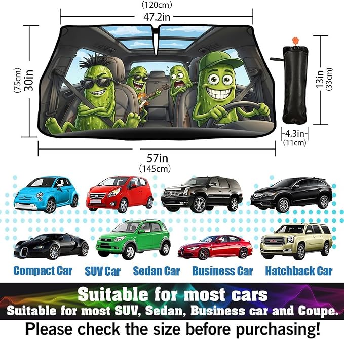 Funny Pickle Car Windshield Sunshade Umbrella Funny Pickle Sun Shade for Car Windshield Umbrella Upgraded Sunshades Blocks UV & Heat Front Window Shades for SUV Sedan Auto - Image 6
